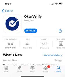 La imagen muestra la aplicación Okta Verify desde el Apple App Store