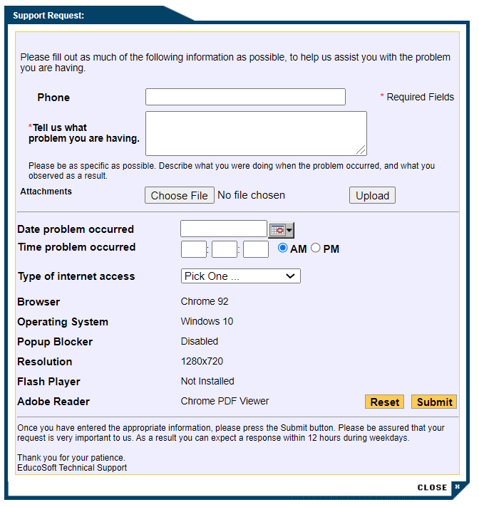 Pagina de apoyo tecnico de EducoSoft