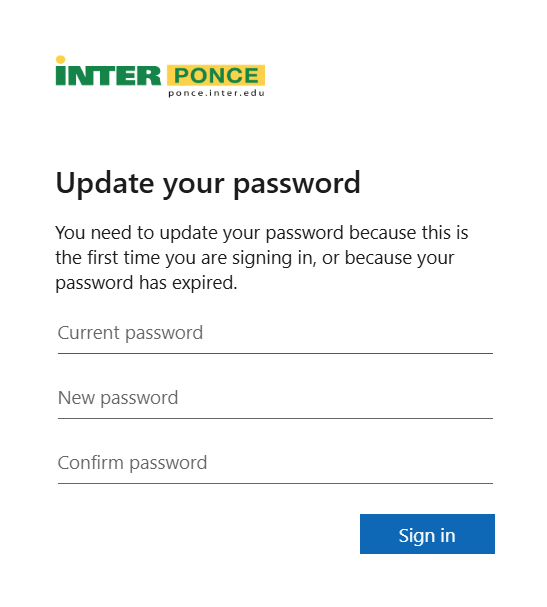 Pantalla de cambio de password.
