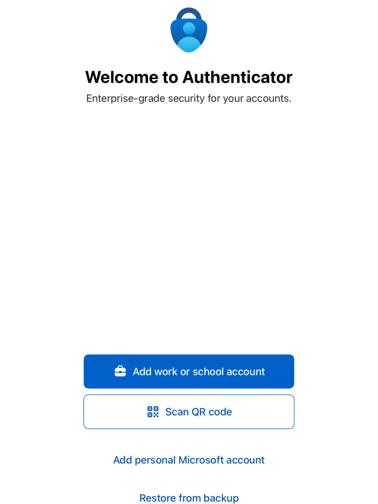 Pantalla inicial de Microsoft Authenticator