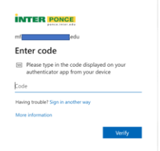  casilla para colocar código generado en la aplicación de Microsoft Authenticator